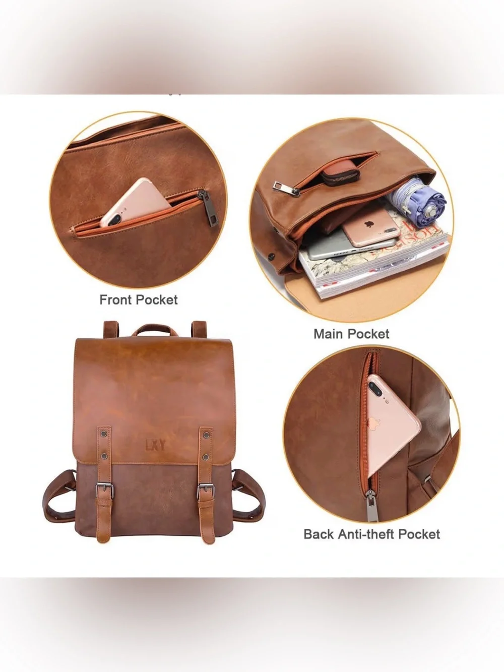 LXY Vegan Leather Vintage Laptop Backpack Set With Matching Fanny Pack Brown
